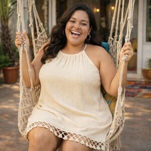 Boho Chic Cream Halter Tassel Mini Dress | Relaxed Fit Plus Size Summer Dress